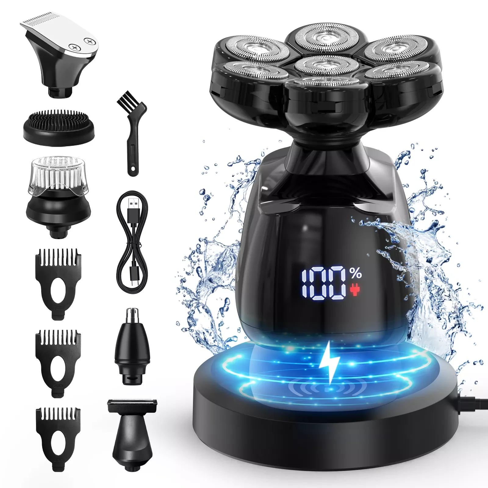 Head Shavers for Bald Men,6-in-1 Upgraded Electric Razor,IPX7 Waterproof Shaving Grooming Kit,Hair Clipper,Wet & Dry, IPX7 Waterproof, Beard and Nose Hair Trimmer Care Kit