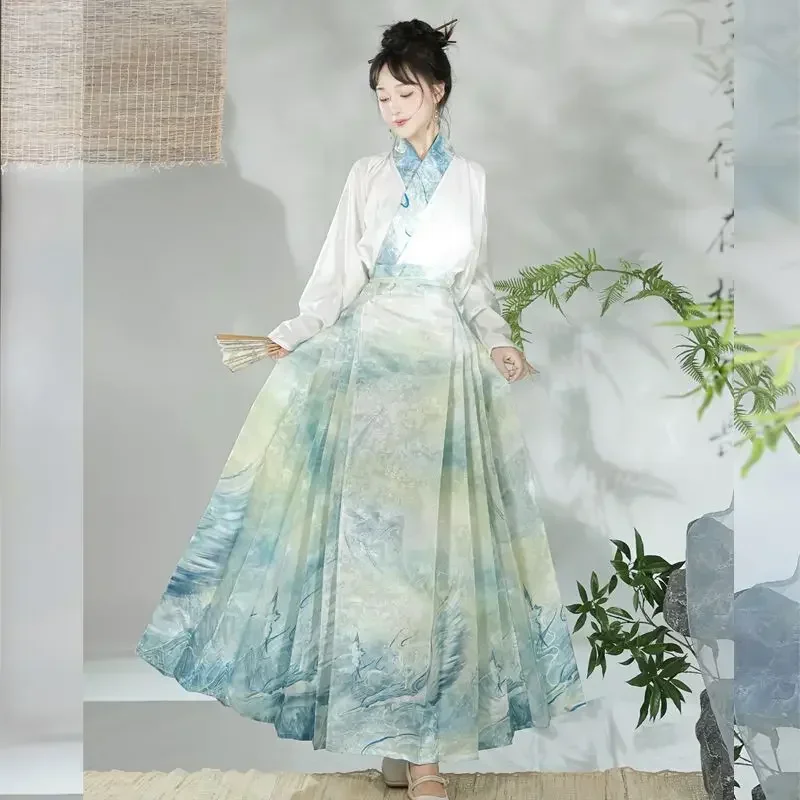 Vestido Hanfu Chinês Tradicional Feminino, Estampado Guindaste, Saia Rosto de Cavalo, Vestidos de Festa Diários, Moda Original, 2023