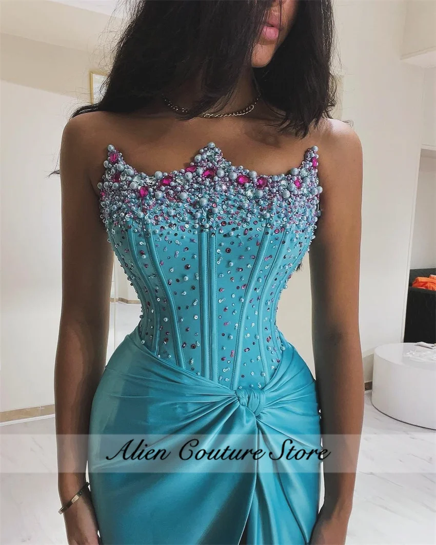 Shining Turquoise Mermaid Evening Dress Beading Crystal Pearls Sequins Split Party Dress For Special OccasionsVestido De