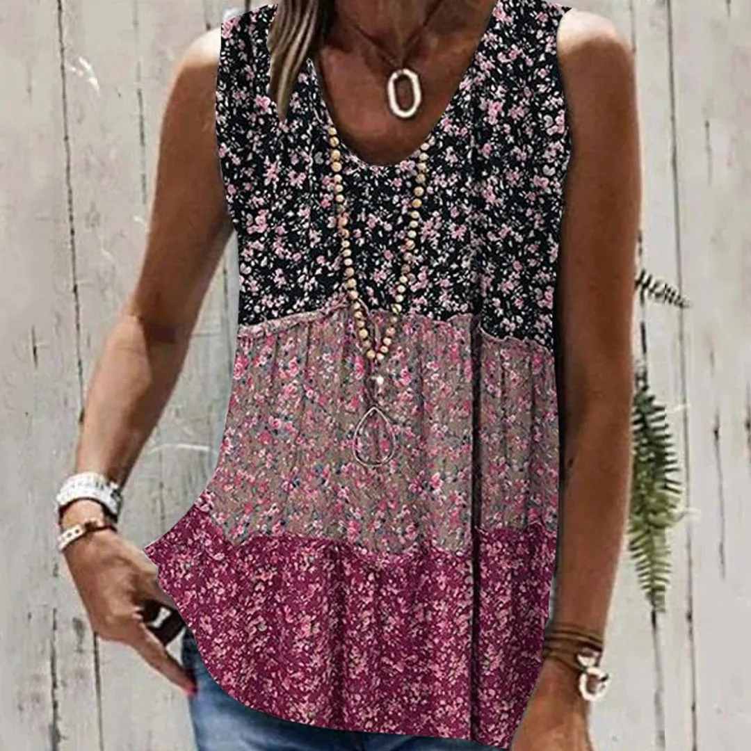 

Plus Size Women Sleeveless V-neck Floral Printed Stitching Top