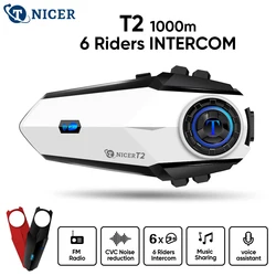 TNICER T2 Motorcycle Intercom Bluetooth helmet Headset Motorbike 6 Riders 1000M Moto Group Waterproof Interphone