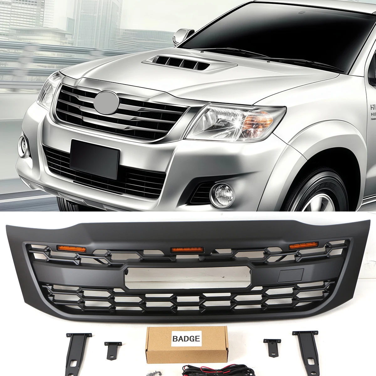 

Front Grille Fits For 2005-2018 Toyota Hilux Vigo Black Grill W/Light
