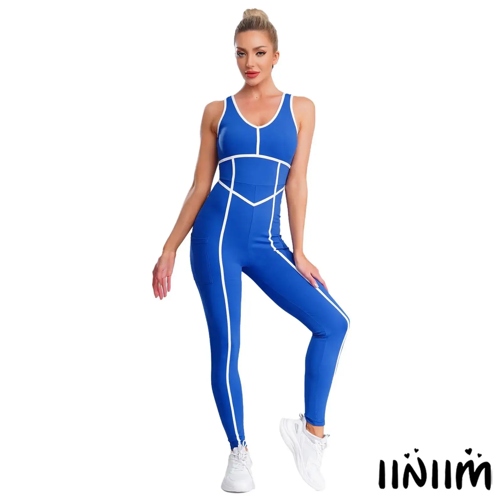 

Women Yoga Bodysuit Stretchy Sleeveless Build-In Chest Pads Pockets Long Pants Jumpsuit for Indoor Outdoor Sports Activities