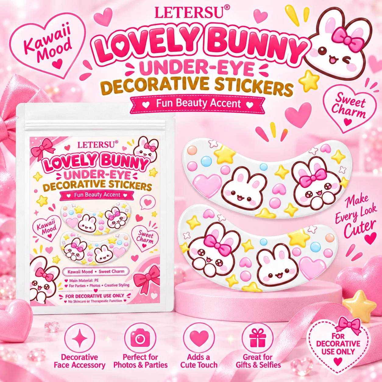4PCS Cute Bunny Under Eye Stickers, Kawaii Rabbit Eye Patches, Pink Cartoon Face Makeup Accessories for Girls, Party Cosplay Pho
