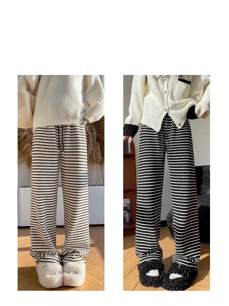 Cintura alta drapeado malha fce forrado calças de perna larga listrado calças casuais para mulheres teana neve coreano sle calças compridas