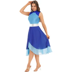 Womens Patchwork Modern Dance Dress Contemporary Color Block Sleeveless Mock Neck Split Asymmetrical Hem Dance Dress Dancewear