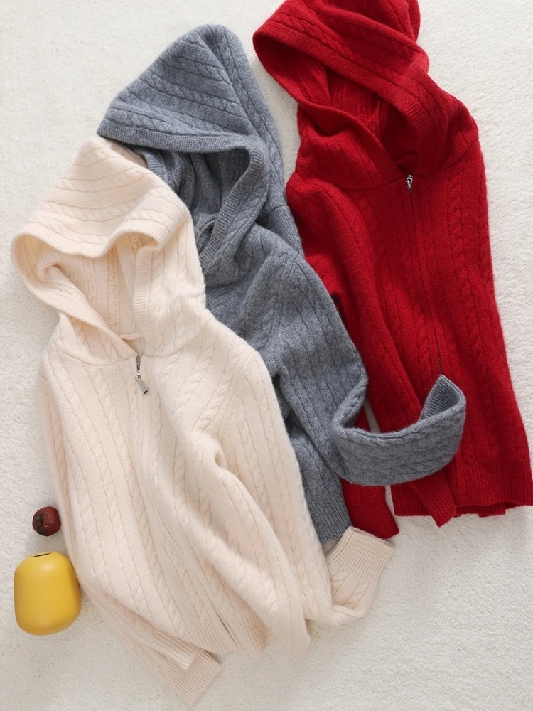 

Children 100% Merino Wool Sweater Hooded Zippers Cardigan Kids Twist Flower Tops Autumn Winter Thick Knitwear Boy Girl Clothing