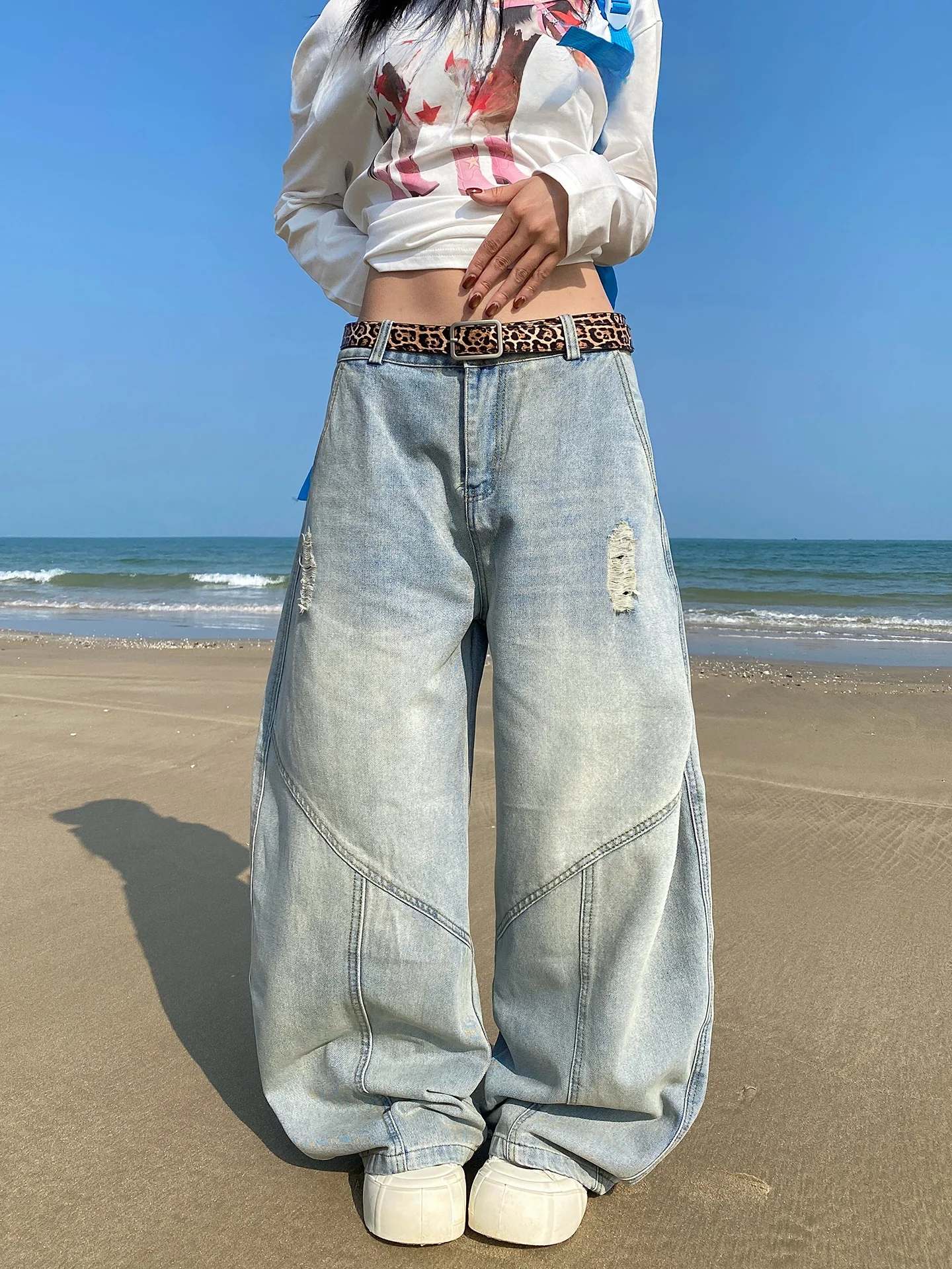 

Американские рваные свободные джинсы-леггинсы для женщин, мужские широкие уличные брюки, винтажные декоративные джинсы с эффектом порезов