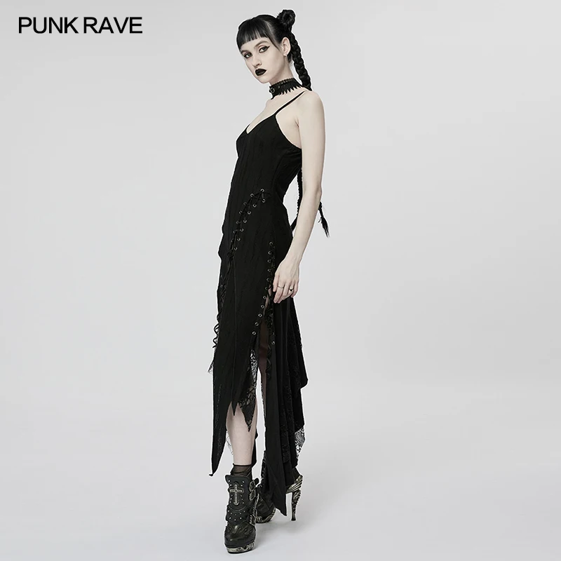 Imagem -02 - Punk Rave-vestido Feminino Irregular de Forma Pontiaguda Ilhós Sexy Zíper Invisível Longo Personalidade Punk Estilo Gótico