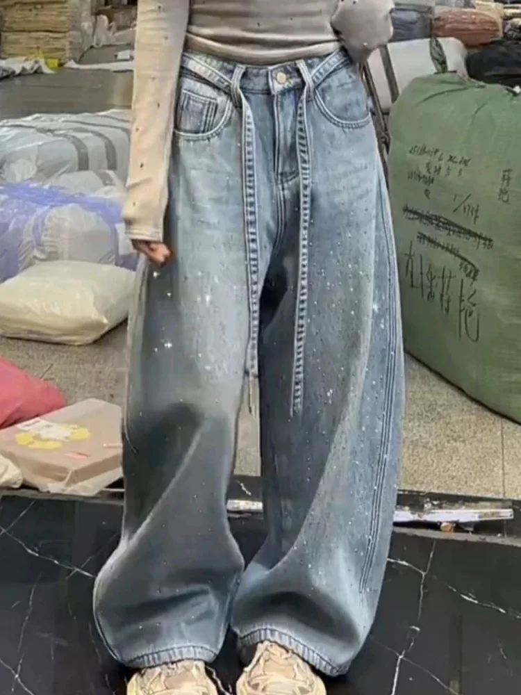 

American Style High Waist Shiny Sequin Wide Leg Denim Jeans Women's Loose Slim Straight Knife Wide Leg Pants Spring New