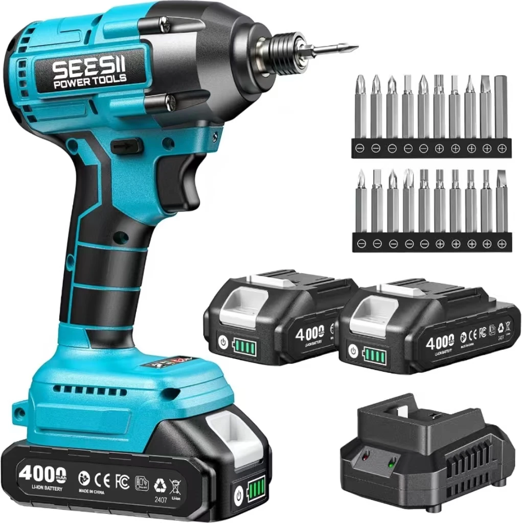 SeeSii Cordless Impact Driver Kit 21V Brushless Electric Wireless Screwdriver 2200 In-Lbs 1/4' Hex Chuck 0-3000RPM Variable Speed With 2*4.0Ah Batteries 20Pcs Driver Bits LED Light