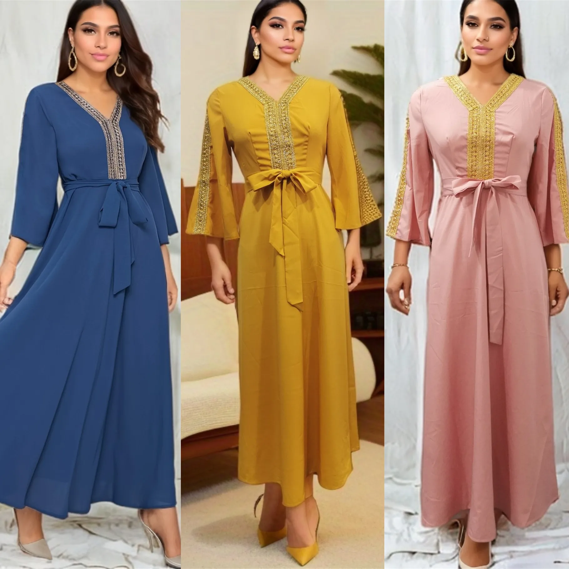 Women Eid Muslim Dresses V Neck Flare Sleeve Morocco Ramadan Abayas Gorgeous Party Dress Belt Vestidos Slim Fit Kaftan Arab