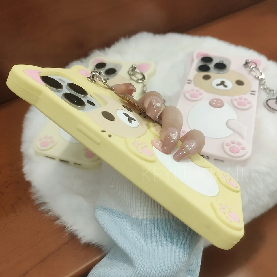Funda linda con oso 3D de dibujos animados para iPhone 17 16 15 14 13 12 11 Pro X XS Max XR 6 7 8 Plus 5 5S SE, con llavero colgante 3