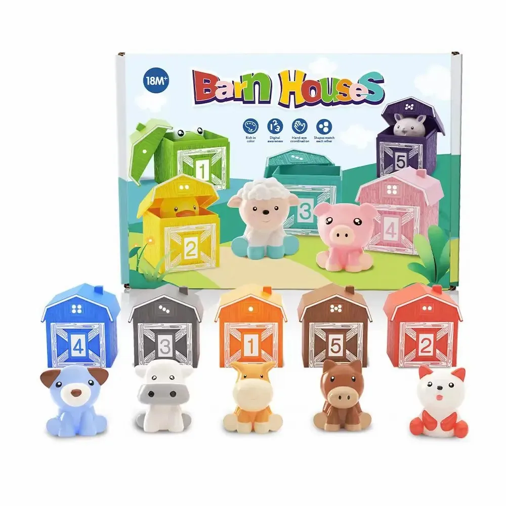 Farm Animal Matching House Montessori Toys For Toddler Rainbow Finger Puppet Number Cognition Color Sorting Pairing Games