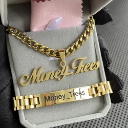 New Men's Name Bracelet Necklace Set Stainless 5mm Cuban Chain Large Nameplate Pendant Carved Name Bracelet Custom Set Jewelry