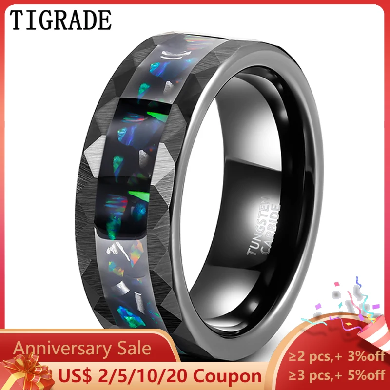 Tigrade 8mm Men's Black Tungsten Wedding Rings For Men Opal and Metal Slag inlay Hammered Edge Engagement Promise Ring Jewelry