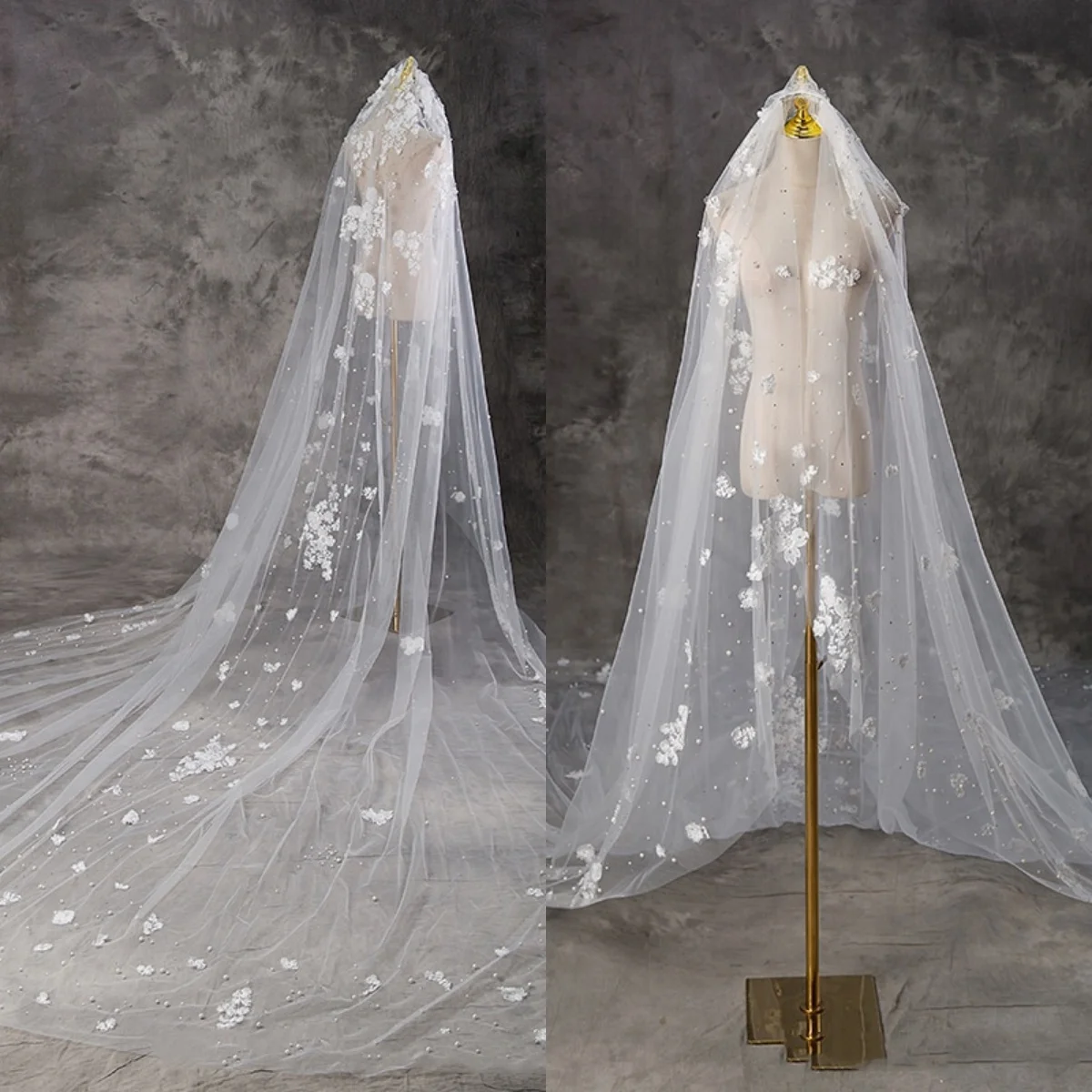 ไข่มุกGorgeous Wedding Veil Appliquesหนึ่งชั้นยาวCathedralความยาวVeils Applique Edge Big Tail Velo De Cabezaที่กําหนดเอง