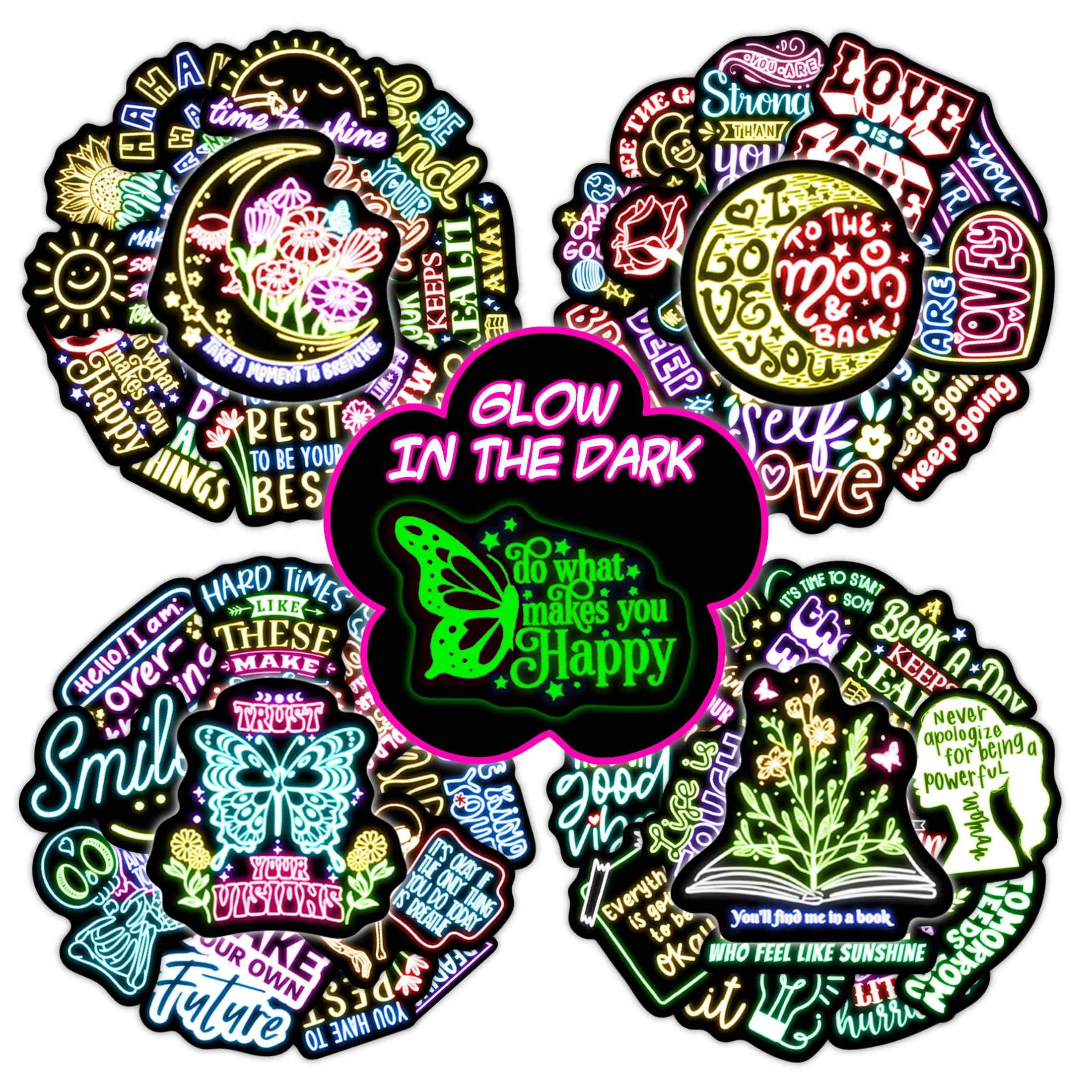 50Pcs Neon Phrase Pattern Glow in the Dark Stickers Waterproof Vinyl Decals Computer Phone Case Decoration for Kids DIY Gifts