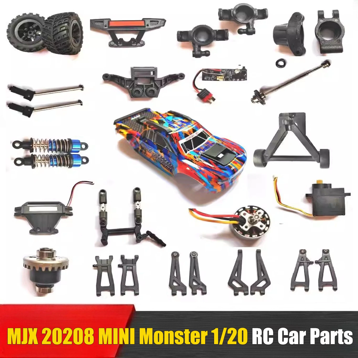 

Запчасти для радиоуправляемой машинки MJX 20208 MINI Monster 1/20: кузов, амортизатор, шины, рулевые тяги, дифференциал, плата управления, поворотные рычаги, мотор, сервопривод