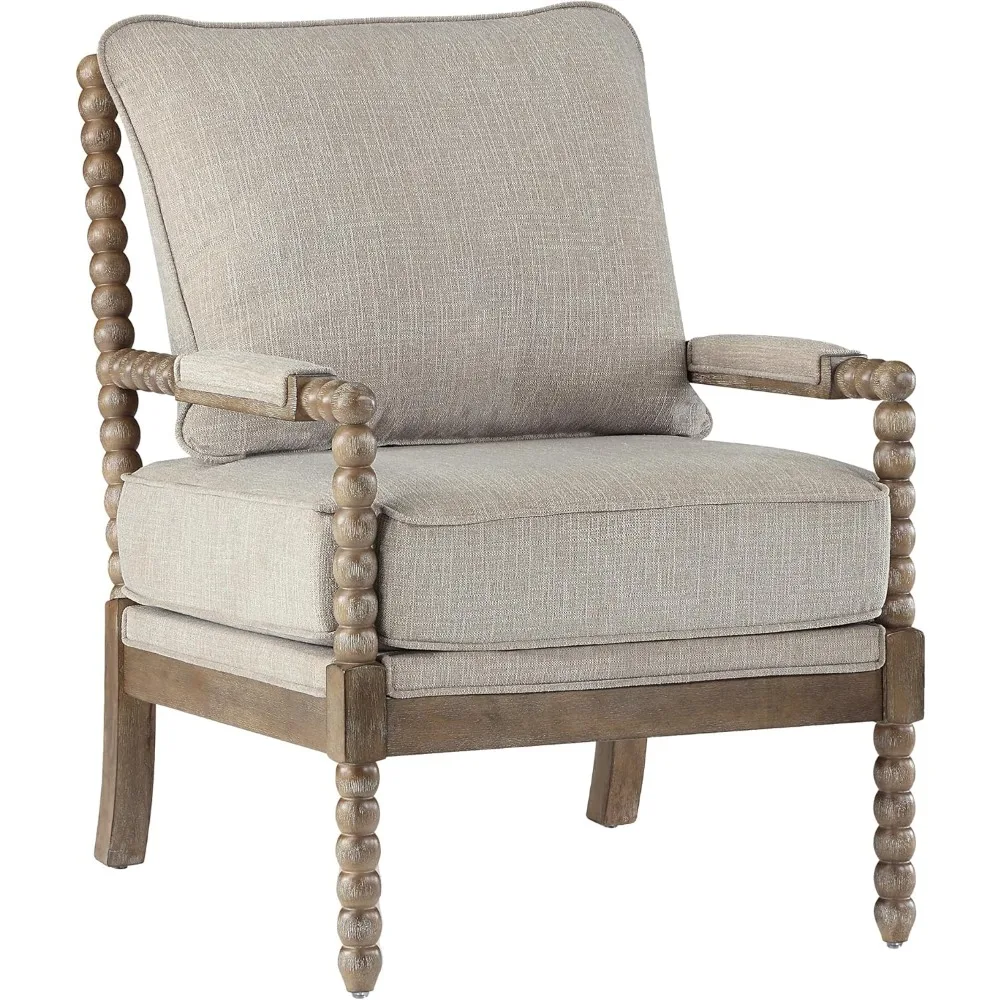 Linen Fabric Spindle Accent Chair with Wood Frame,Modern Accent Chairs with Padded Spring Seat and Brushed White Base for Living