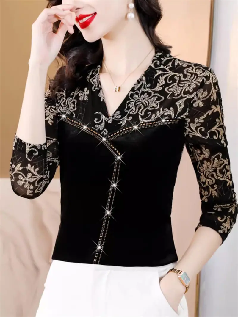 

2024 Spring Autumn Fashionable Korean Edition Mesh Spliced Golden Velvet Bottom Shirt Slim Fit Long Sleeved Velvet Top Z4334