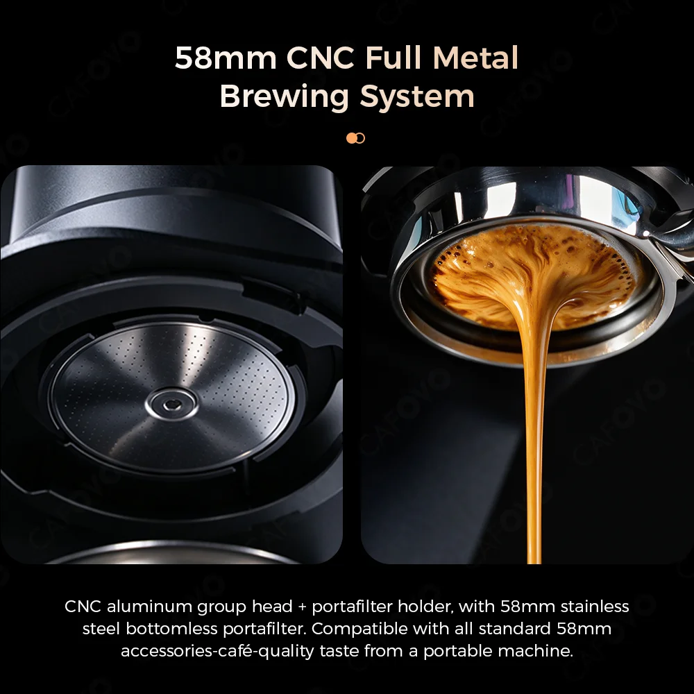 CAFOVO PE2 Wireless Portable Espresso Machine 58mm Bottomless Portafilter Powered Coffee Maker for Camping Travel Home Office