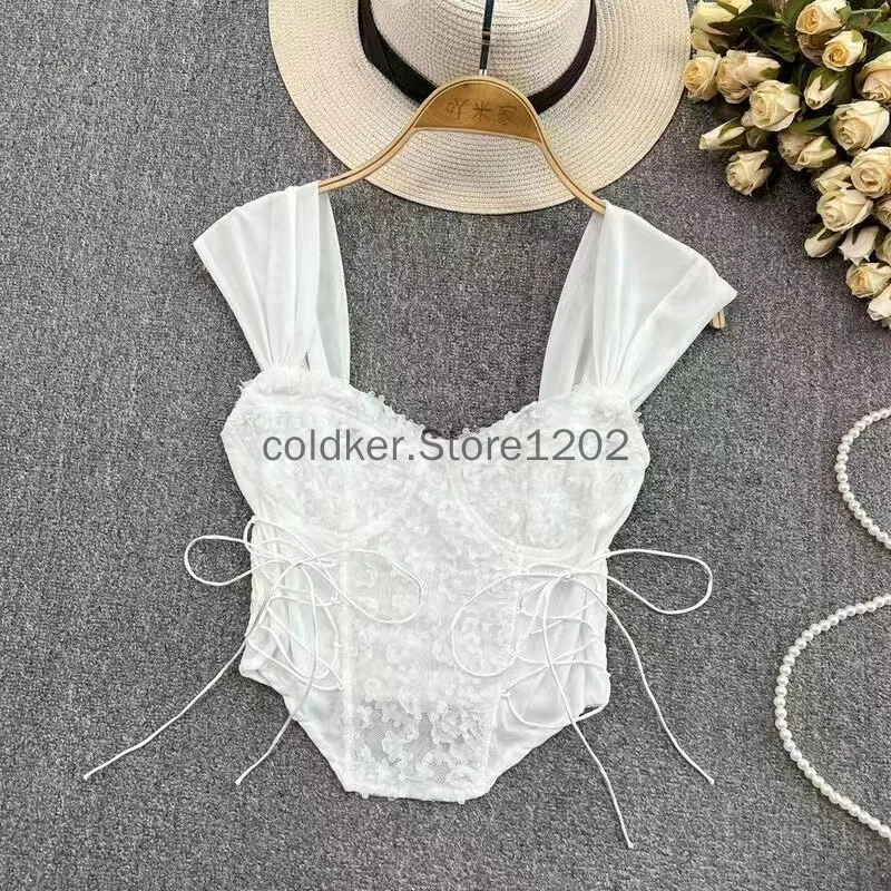 Gorset damski Top Y2K Odzież Lolita Ruffles Flower Lace Tank Top Summer French Tube Tops Cute Clothes Pink Crop Tops — zdjęcie 7
