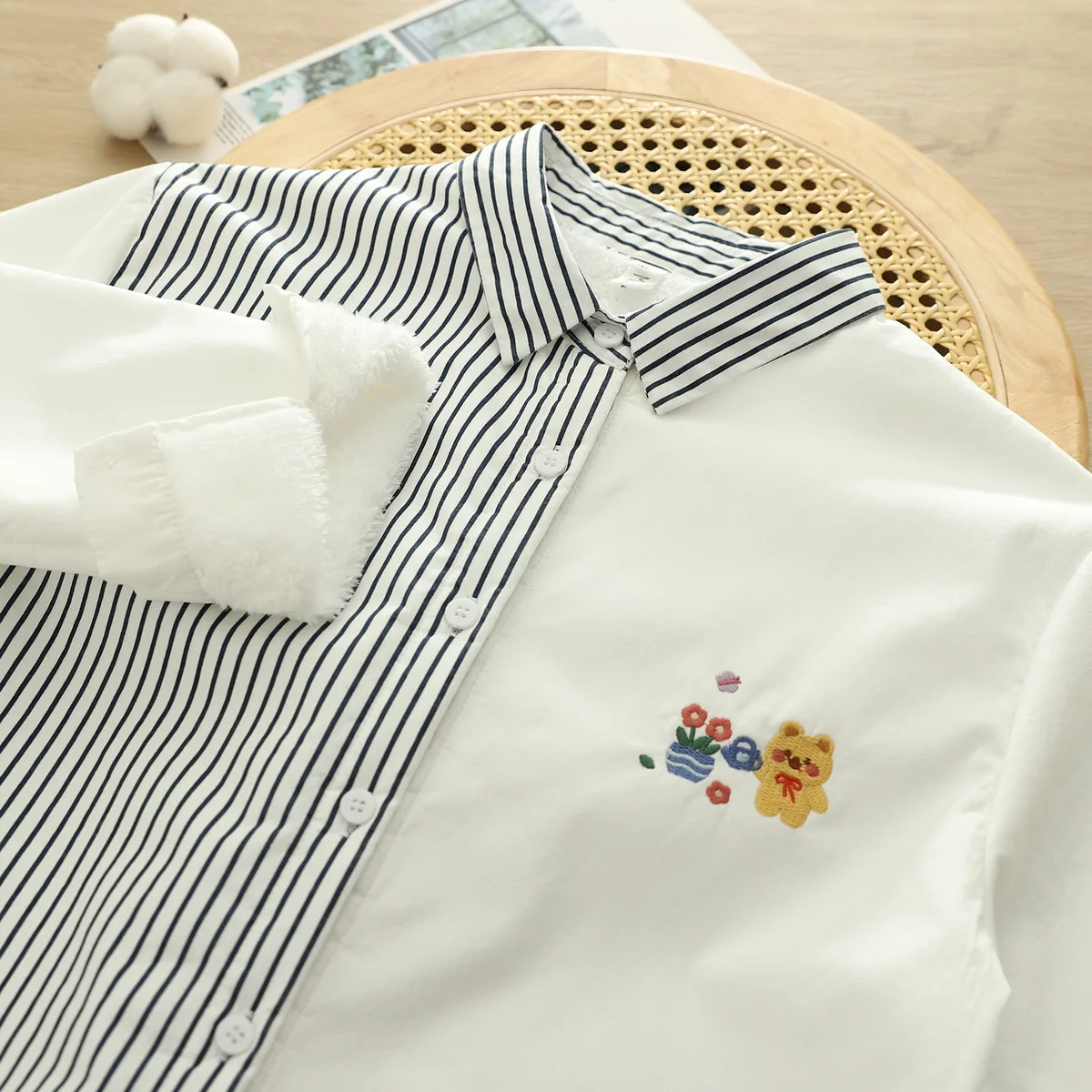 신상품 2025 가을 코튼 긴팔 플리스 셔츠, 여성용 라펠 스트라이프 자수, 모리 걸 따뜻한 캐주얼 루즈 블라우스 T5O932CC