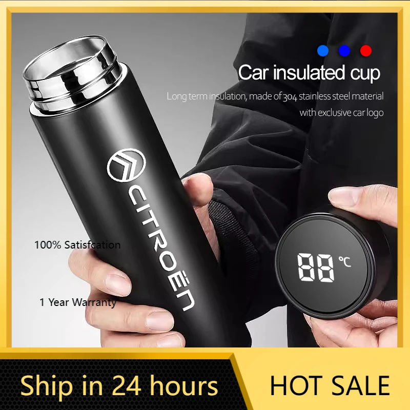 

2026 Hot Car Sticker 500ml Portable Car Logo Intelligent Stainless Steel Thermos Bottle For Citroen e-C3 e-C4 X C5X C3 C4 Cactus