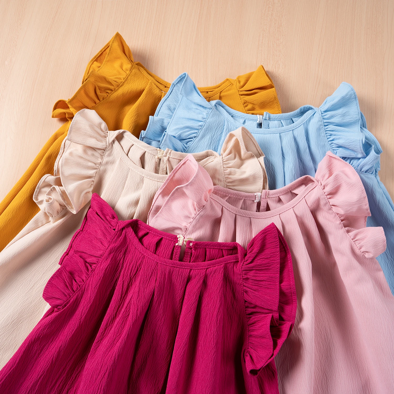 Wholesale Baby Girls Keyhole Dress Ruffle Trim Plicated Dress  Casual Solid Color Kids Summer  Clothes Cheap Dropshipping