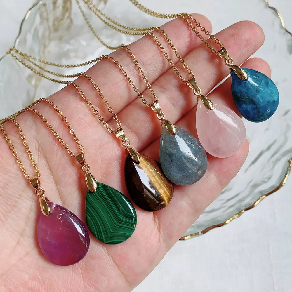 Water Drop Real Natural Crystal Stone Pendant Necklace for Women Blue Quartz Kyanite Green Malachite Purple Crystal Necklaces