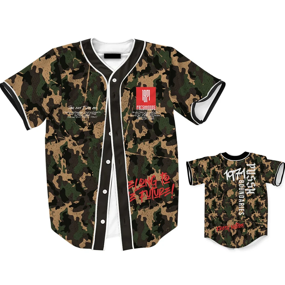 Camiseta de béisbol con botonadura simple, camisa de manga corta con estampado de la serie Camo, estilo universitario juvenil y Vitality, MB27