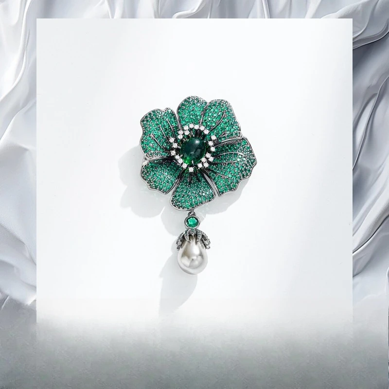 Copper zircon green crystal gray pearl lotus leaf brooch, court style retro clothing accessories corsage