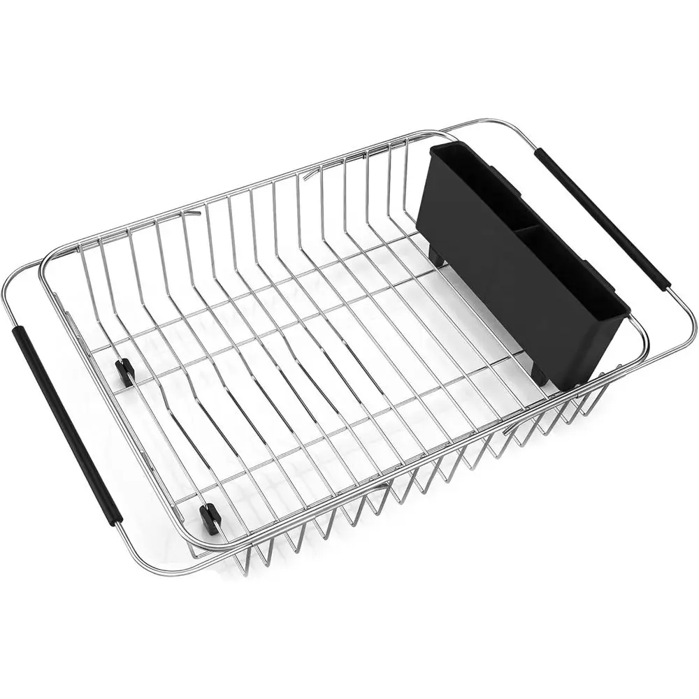 

Expandable Dish Drying Rack, Over The Sink Dish Rack, in Sink Or On Counter Dish Drainer with Black Utensil Holder Cutlery Tray,