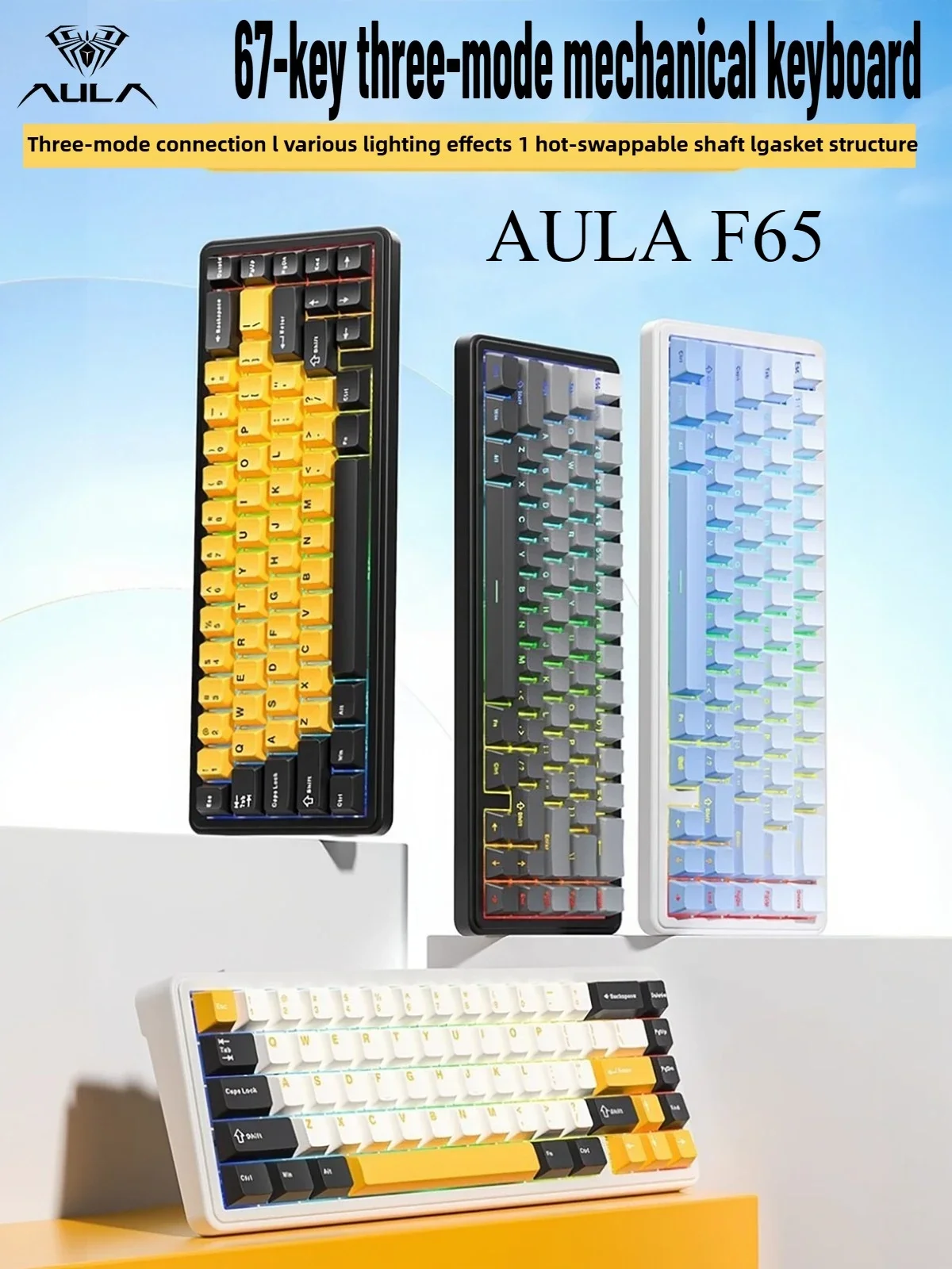

AULA F65 Wireless Gaming Keyboard 65% Layout Tri-Mode Connectivity Full Key Hot-Swap Gasket-mounted RGB Customized Keyboard