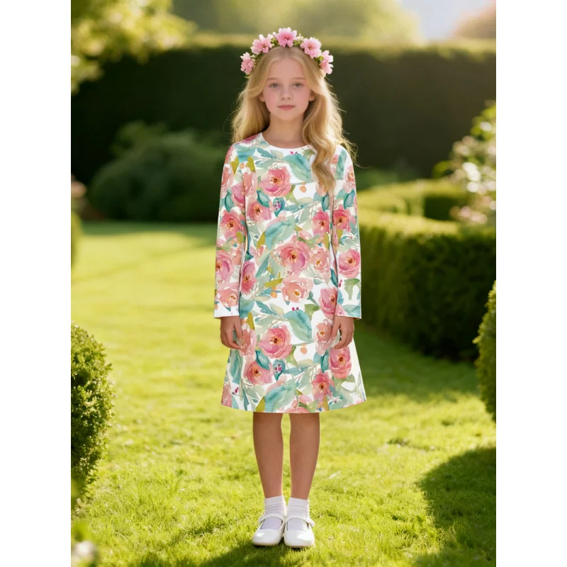

Floral Girls Dress Long Sleeve Watercolor Rose Design A-Line Kids' Dress for Spring Summer Stylish Party Dress for Little Girls