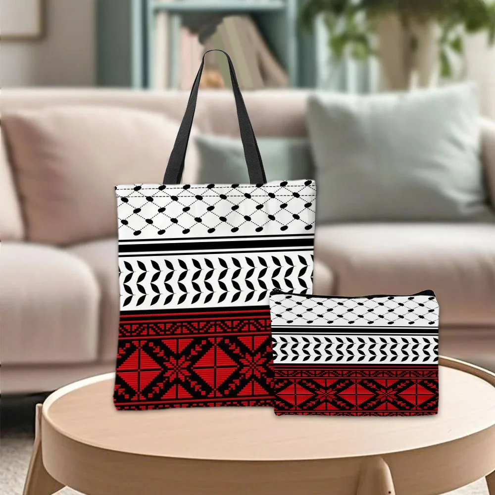 Tas jinjing desain tradisional pola geometris merah, hitam putih, tas kosmetik, kombinasi praktis, tas belanja, tas penyimpanan, tas tangan
