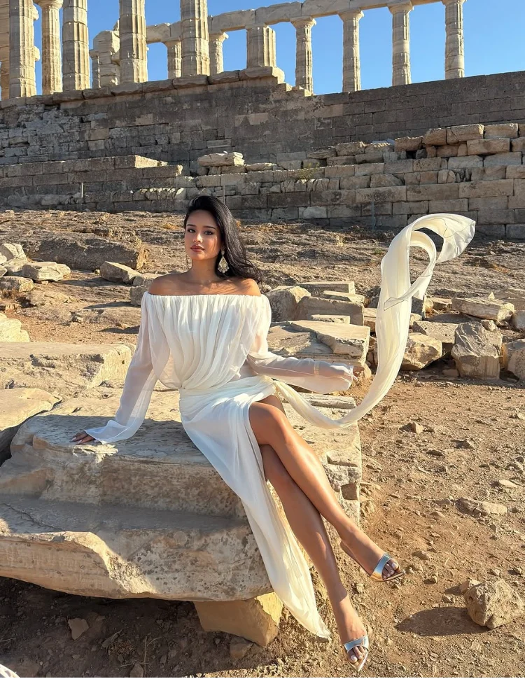 여성 시크 섹시 스트랩리스 드레스 긴 소매 오프숄더 하이웨이스트 리본 플리츠 슬림 드레스 여성 2025 휴가 비치 로브