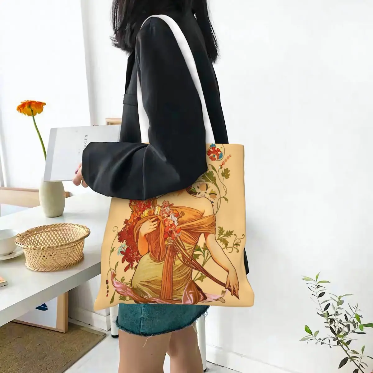 Mucha Floral Goddess And Flowers Canvas Tote Bag Aesthetic Large Capacity Grocery Bags for Women Men