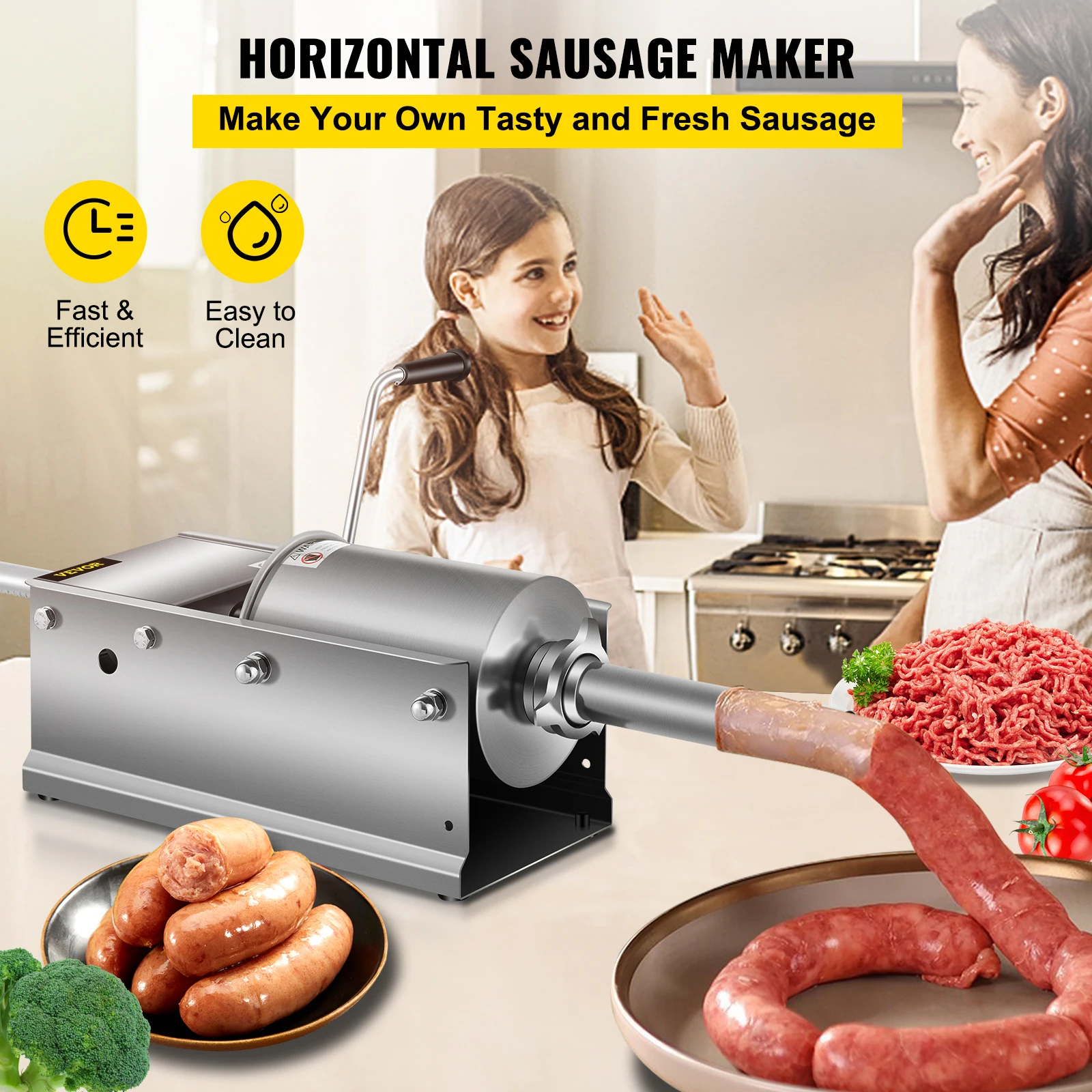 VEVOR Embutidora de Chorizos Horizontal de Acero Inoxidable 3L Llenadora Manual de Salchichas para Hacer Salchichas Chorizo Hot Dogs Bratwurst