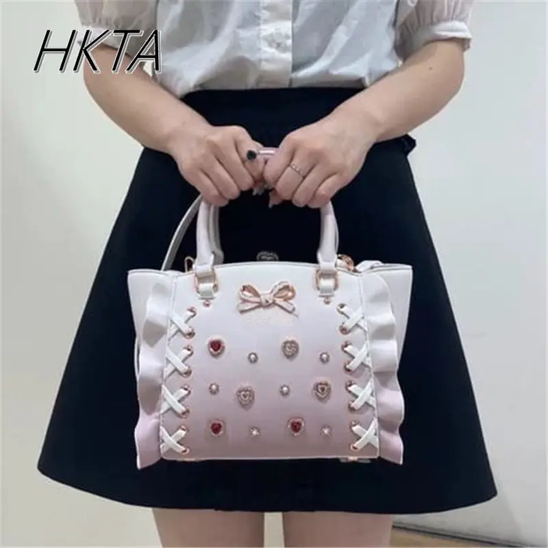 Japanese  Lolita Women Tote Bag Gradual Change Color Rhinestone Liz Bag Sweet Bow Portable Shoulder Oblique Straddle Backpack