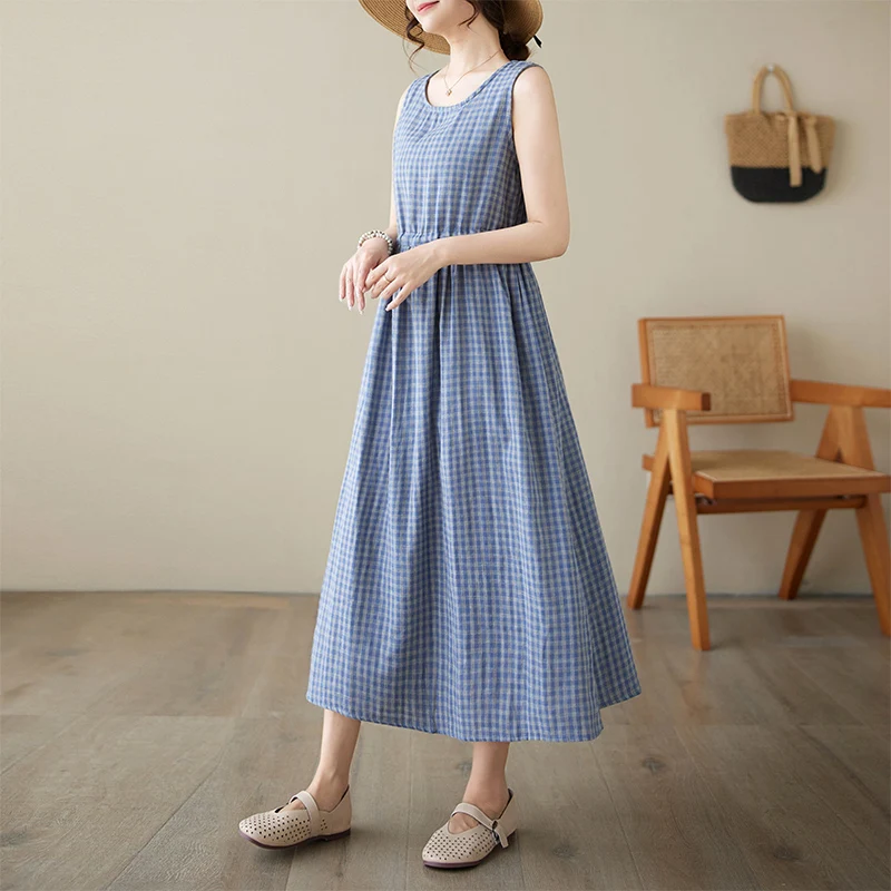 Verão svel algodão dr feminino faion redondo ne dupla camada xadrez fino a linha vestido artístico sle cintura solta