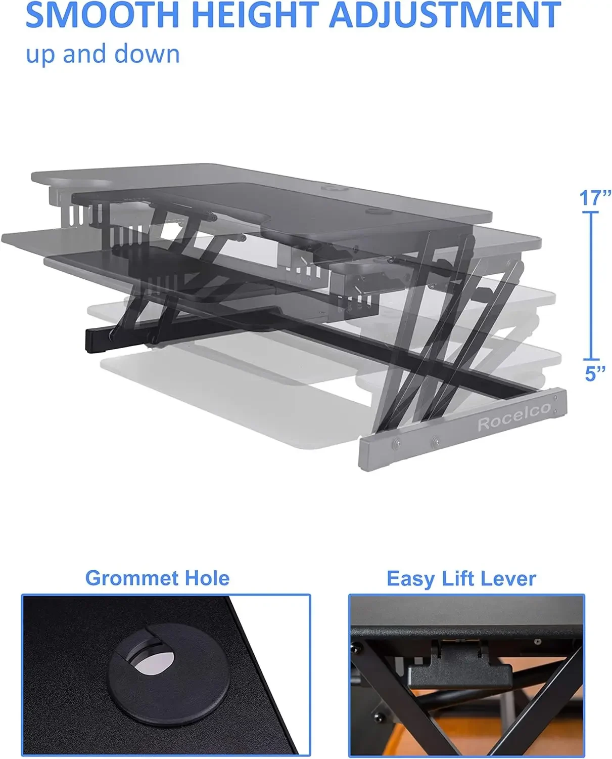 Rocelco-Adjustable Height Standing Desk Converter, Quick Sit Stand Up, Dual Monitor Riser, Gas Spring Assist, 37.5