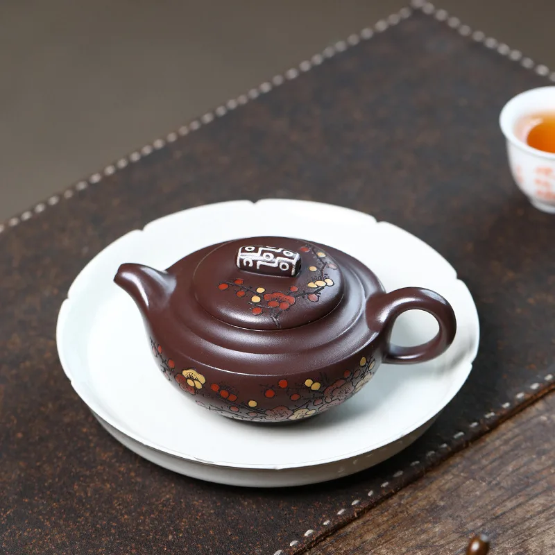Yixing Teapot Made From Natural Huanglong Mountain Purple Clay With Engraved And Painted Details Set For Gongfu Tea