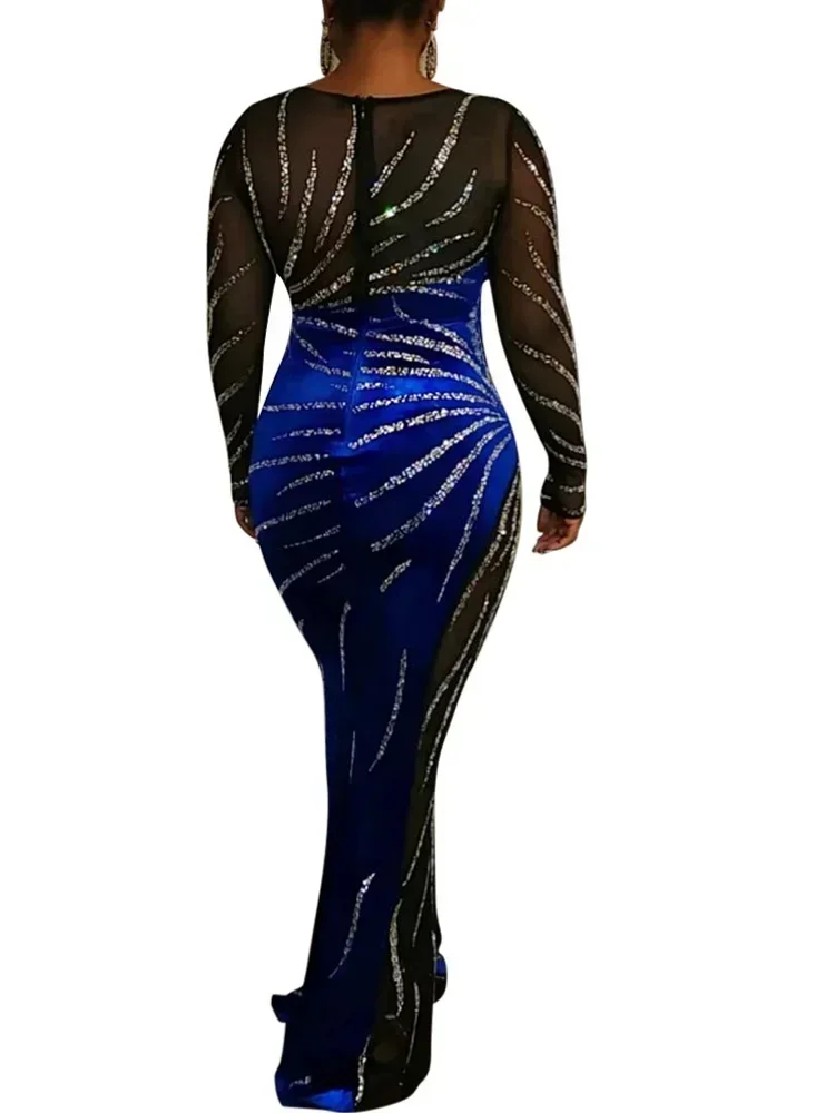 Women's Glamorous Mesh Rhinestone Long Sleeve Evening Maxi Dress Gorgeous Velvet Diamond Party Dresses Birthday Outfits