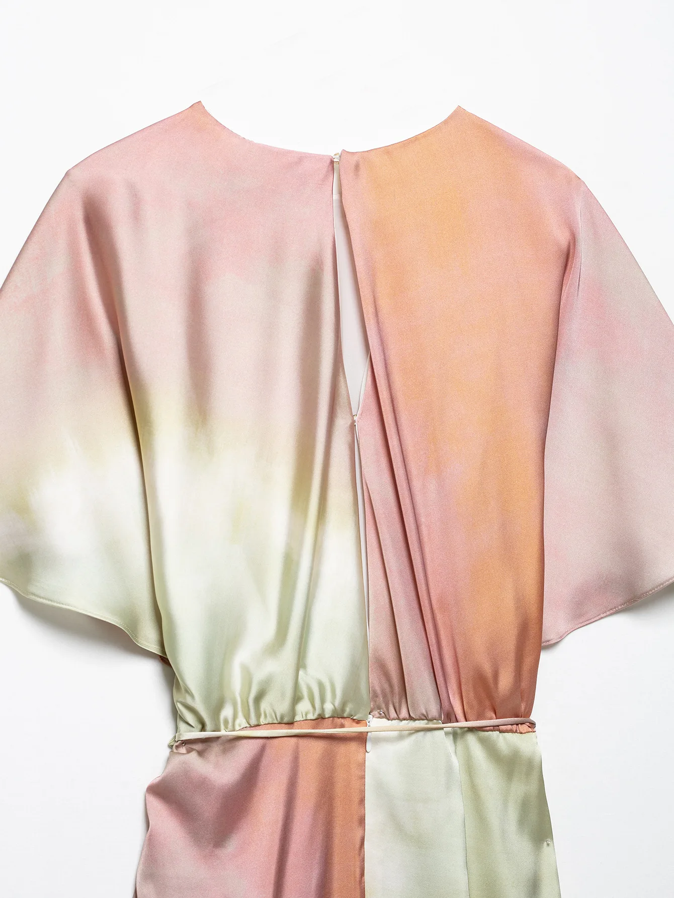 Women's Satin Belt Decoration O-Neck Short Sleeve Midi Dress Summer Ladies Fashion Tie-Dye Printed Back Zipper Party Dress