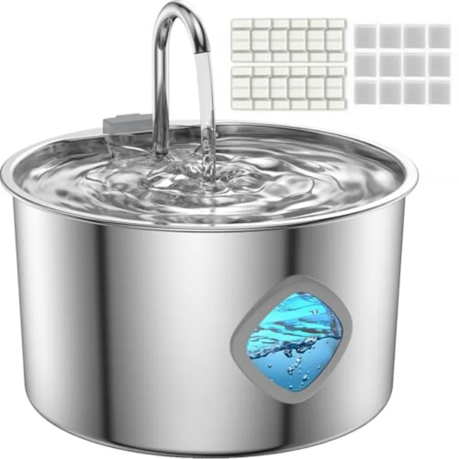 

Cat Water Fountain Stainless Steel with 12 Filters Kit [3.2L/108oz] Automatic Water Dispenser with LED Water Level Window Easy