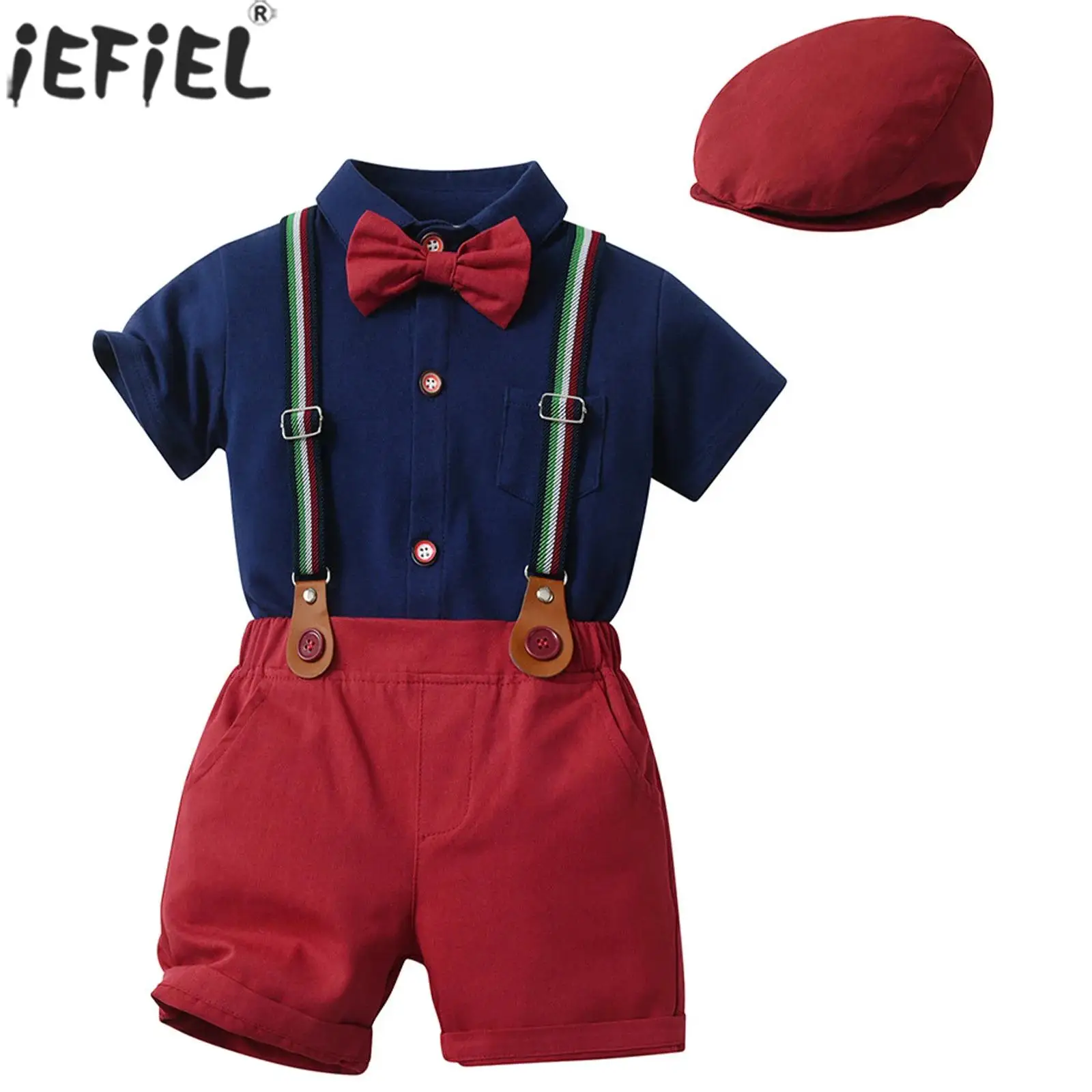 

Мужской костюм для маленьких мальчиков на крещение, день рождения, свадьбу, вечеринку, джентльменский костюм с короткими рукавами и галстуком-бабочкой с лацканами, топы с шортами на подтяжках, комплект беретов