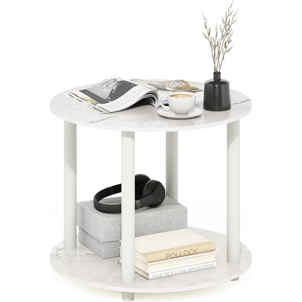 

2-Tier Round Wooden Coffee Table, Small Size, Marble White Finish