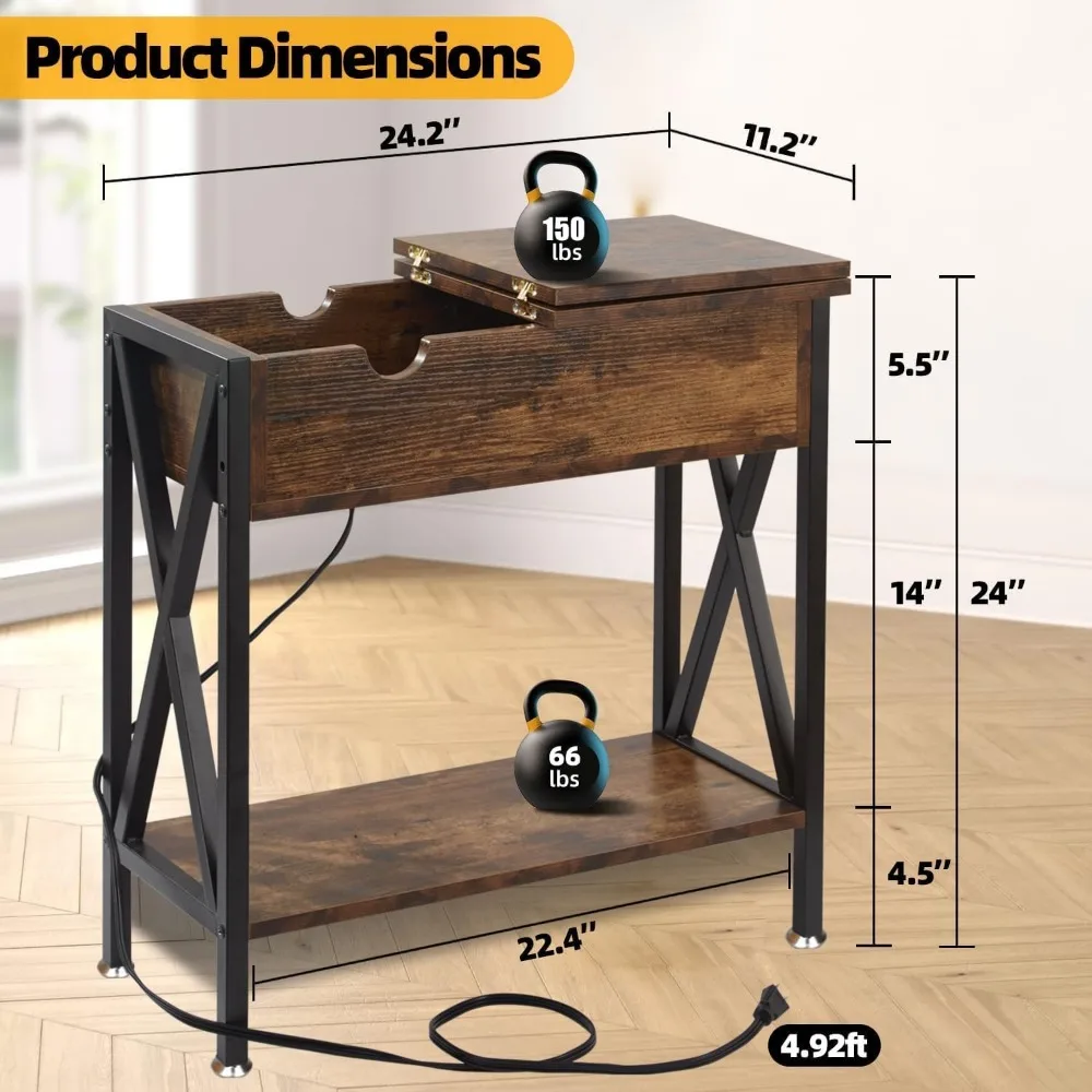 طاولات جانبية لغرفة المعيشة مكونة من 2، طاولة جانبية ضيقة مع محطة شحن، 12 بوصة عمق × 24 بوصة عرض × 24 بوصة ارتفاع، طاولة نهاية قابلة للطي مع USB Po #3